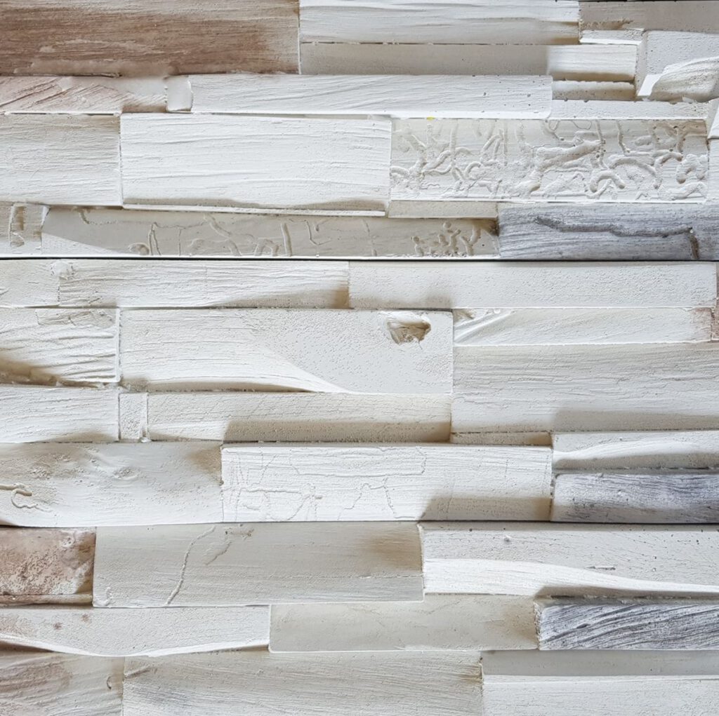 Holznachbildung Wood Paneel als Beton-Wandverblender in weiß-bunt